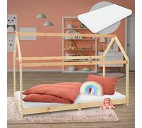 ML-Design Cama Infantil Casa Natural 90x200 cm de Madera de Pino + Colchón de Espuma Fría 16cm, Techo y Somier de Listones, Cuna de Suelo Maciza Casita de Juego Juvenil Mobiliario para Niño y Bebé