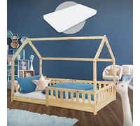 ML-Design Cama Infantil Casa Natural 90x200 cm de Madera de Pino con Colchón de Espuma Fría 16cm, Protección Anticaída y Techo, Somier de Listones, Cuna de Suelo, Lecho para Niño Forma Casita de Juego