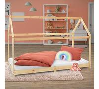 ML-Design Cama Infantil Casa Natural 90x200 cm de Madera de Pino con Techo y Somier Estructura de Listones, Cuna de Suelo Maciza en Forma de Casita, Lecho de Juego Juvenil Mobiliario para Niño y Bebé