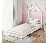 ML-Design Cama Infantil con Forma de Casita 90 x 200 cm de Madera de Pino Color Blanco, Cuna Individual para Niño con Somier de Láminas y Diseño Casa con Chimenea, Litera Maciza Juvenil de Juego