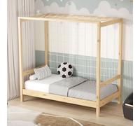 ML-Design Cama Infantil con Portería de Fútbol 70 x 140 cm de Madera de Pino Color Natural, Cuna Individual para Niño con Somier de Láminas y Red, Litera Maciza Juvenil con Puerta de Juego y Deporte