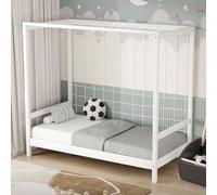 ML-Design Cama Infantil con Portería de Fútbol 80 x 160 cm de Madera de Pino Color Blanco, Cuna Individual para Niño con Somier de Láminas y Red, Litera Maciza Juvenil con Puerta de Juego y Deporte
