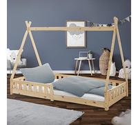 ML-Design Cama Infantil Tipi 200x90 cm con Protección Anticaída y Somier Estructura Listones de Madera de Pino Maciza Natural Lecho Cuna de Suelo Forma de Casa Mobiliario Juego Tienda de Campaña Niños