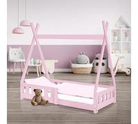 ML-Design Cama Infantil Tipi 70x140 cm con Protección Anticaída y Somier Estructura Listones de Madera de Pino Maciza Rosa Lecho de Suelo Forma de Casa Mobiliario Juego Tienda de Campaña Niños