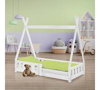 ML-Design Cama Infantil Tipi 70x140cm con Protección Anticaída y Somier Estructura Listones de Madera de Pino Maciza Color Blanco Lecho de Suelo Forma de Casa Mobiliario Juego Tienda de Campaña Niños