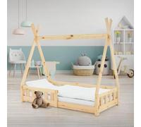ML-Design Cama Infantil Tipi 70x140cm con Protección Anticaída y Somier Estructura Listones de Madera de Pino Maciza Color Natural Lecho de Suelo Forma de Casa Mobiliario Juego Tienda de Campaña Niños