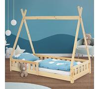 ML-Design Cama Infantil Tipi 80x160 cm con Protección Anticaída y Somier Estructura Listones de Madera de Pino Maciza Natural Lecho de Suelo Forma de Tienda Mobiliario Juego Tienda de Campaña Niños