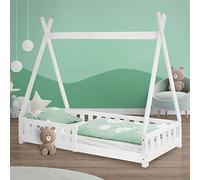 ML-Design Cama Infantil Tipi 80x160 cm con Protección Anticaída y Somier Estructura Listones de Madera de Pino Maciza Blanca Lecho de Suelo Forma de Casa Mobiliario Juego Tienda de Campaña Niños