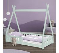 ML-Design Cama Infantil Tipi 80x160 cm con Protección Anticaída y Somier Estructura Listones de Madera de Pino Maciza Verde Menta Lecho de Suelo Forma de Casa Mobiliario Juego Tienda de Campaña Niños