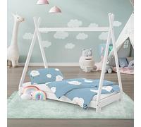 ML-Design Cama Infantil Tipi Blanca 70x140 cm Madera de Pino Maciza con Somier Estructura de Listones, Cuna de Suelo en Forma de Casa Tienda de Campaña de Indio Mobiliario Juego, Lecho Niño y Bebé
