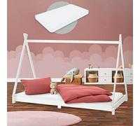ML-Design Cama Infantil Tipi Blanca 90x200 cm + Colchón de Espuma Fría 16cm y Somier de Listones, Cuna de Suelo Juvenil de Madera Maciza de Pino, Lecho para Niño y Bebé, Casa Tienda de Campaña Juego