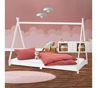 ML-Design Cama Infantil Tipi Blanca 90x200 cm Madera de Pino Maciza con Somier Estructura de Listones, Cuna de Suelo en Forma de Casa Tienda de Campaña de Indio Mobiliario Juego, Lecho Niño y Bebé