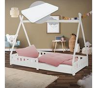ML-Design Cama Infantil Tipi Blanca con Colchón 200x90 cm Protección Anticaída y Somier Estructura Listones de Madera Maciza de Pino para Niño Forma de Casa Cuna Juvenil con Reja Juego Lecho de Suelo