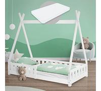 ML-Design Cama Infantil Tipi Blanca con Colchón 80x160 cm Protección Anticaída y Somier Estructura Listones de Madera Maciza de Pino para Niño Forma de Casa con Reja Cama Juvenil Juego Lecho de Suelo