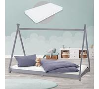 ML-Design Cama Infantil Tipi Gris Claro 90x200 cm + Colchón de Espuma Fría 10cm y Somier de Listones, Cuna de Suelo Juvenil Madera Maciza de Pino, Lecho para Niño y Bebé, Casa Tienda de Campaña Juego