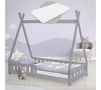 ML-Design Cama Infantil Tipi Gris Claro + Colchón 80x160 cm, Protección Anticaída y Somier Estructura Listones Madera Maciza de Pino para Niño Forma de Casa con Reja Cama Juvenil Juego Lecho de Suelo