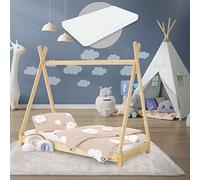 ML-Design Cama Infantil Tipi Natural 70x140 cm con Colchón de Espuma Fría y Somier de Listones, Cuna de Suelo Juvenil de Madera Maciza de Pino, Lecho para Niño y Bebé, Casa Tienda de Campaña Juego