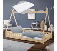 ML-Design Cama Infantil Tipi Natural con Colchón 200x90 cm Protección Anticaída y Somier Estructura Listones de Madera Maciza de Pino para Niño Forma de Casa Cuna Juvenil con Reja Juego Lecho de Suelo
