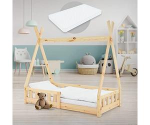 ML-Design Cama Infantil Tipi Natural con Colchón 70x140cm Protección Anticaída y Somier Estructura Listones, Madera Maciza de Pino para Niño en Forma de Casa con Reja Cama Juvenil Juego Lecho de Suelo