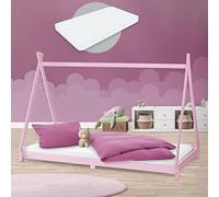 ML-Design Cama Infantil Tipi Rosa 90x200 cm + Colchón de Espuma Fría 10cm y Somier de Listones, Cuna de Suelo Juvenil de Madera Maciza de Pino, Lecho para Niño y Bebé, Casa Tienda de Campaña Juego
