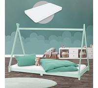 ML-Design Cama Infantil Tipi Verde Menta 90x200 cm + Colchón de Espuma Fría 10cm y Somier de Listones, Cuna de Suelo Juvenil de Madera Maciza de Pino, Lecho para Niño, Casa Tienda de Campaña Juego