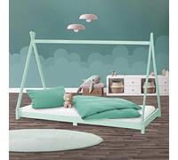 ML-Design Cama Infantil Tipi Verde Menta 90x200 cm Madera de Pino Maciza con Somier Estructura de Listones, Cuna de Suelo en Forma de Casa Tienda de Campaña de Indio Mobiliario Juego Lecho Niño y Bebé