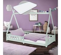ML-Design Cama Infantil Tipi Verde Menta + Colchón 200x90 cm Protección Anticaída y Somier Estructura Listones de Madera Maciza de Pino para Niño Forma de Casa Cuna Juvenil Reja Juego Lecho de Suelo