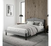 ML-Design Cama Tapizada Doble 140x200 cm Estructura con Cabecero y Somier Robusto de Láminas con Armazón de Acero y Tejido de Lino Gris, Base para Dormitorio Matrimonial Moderno