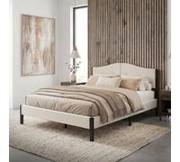 ML-Design Cama Tapizada Doble 140x200 cm Estructura con Cabecero y Somier Robusto de Láminas con Armazón de Acero y Tejido de Lino Beige, Base para Dormitorio Matrimonial Moderno