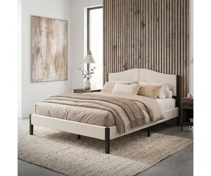 ML-Design Cama Tapizada Doble 140x200 cm Estructura con Cabecero y Somier Robusto de Láminas con Armazón de Acero y Tejido de Lino Beige, Base para Dormitorio Matrimonial Moderno
