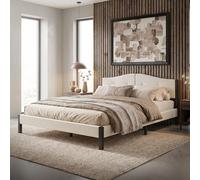 ML-Design Cama Tapizada Doble 160x200 cm Estructura con Cabecero y Somier Robusto de Láminas con Armazón de Acero y Tejido de Lino Beige, Base para Dormitorio Matrimonial Moderno