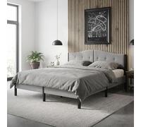 ML-Design Cama Tapizada Doble 180x200 cm Estructura con Cabecero y Somier Robusto de Láminas con Armazón de Acero y Tejido de Lino Gris, Base para Dormitorio Matrimonial Moderno