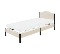 ML-Design Cama Tapizada Individual 90x200 cm con Colchón 10cm, Estructura con Cabecero y Somier Robusto de Láminas con Armazón de Acero y Tejido de Lino Beige, Base para Dormitorio Juvenil Moderno
