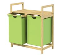 ML-Design Cesto para la Colada, Bambú Verde, Caja para la Ropa Sucia con 2 Compartimentos, Recogedor con 2x Bolsas Extensibles 30 L, Cubo con Estante Clasificador para el Cuarto de Baño