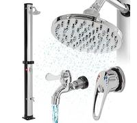 ML-Design Ducha Solar de Jardín Negro/Plata 35L 217,5cm Agua Caliente Hasta 60°C sin Electricidad Conexión para Manguera Moderno Elegante Cabezal Ducha de Lluvia Ajustable y Grifo para Piscina Camping