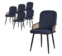 ML-Design Juego de 6X Sillas de Comedor con Funda de Tela Azul Oscuro, Asiento de Salón con Respaldo, Reposabrazos con Aspecto de Ratán Mueble Tapizado con Patas de Metal, Sillón Ergonómico de Cocina