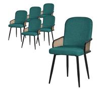 ML-Design Juego de 6x Sillas de Comedor con Funda de Tela Turquesa Oscuro, Asiento de Salón con Respaldo, Reposabrazos con Aspecto Ratán Mueble Tapizado con Patas de Metal, Sillón Ergonómico de Cocina