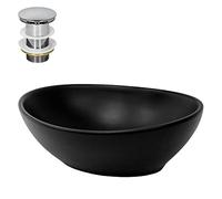ML-Design Lavabo de Cerámica Negro Mate 410 x 335 x 145 mm Fregadero Ovalado para Pared o Sobre Encimera con Juego de Desagüe Cromado Diseño Moderno Lavamanos para Mueble Baño con Agujero para Grifo