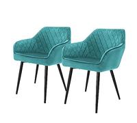 ML-Design Set 2X Sillas de Comedor Turquesa Estilo Moderno Asiento Tapizado Aspecto de Terciopelo Patas de Metal Negras con Respaldo y Apoyabrazos Sillón Moderno de Salón Oficina Dormitorio Cocina