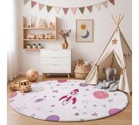 MLSOWM Alfombra de Salón de Pelo Corto, 100cm Alfombra de Área Redonda Cohete Espacial Tapetes Estilo De Chica De Dibujos Animados Antideslizantes para Sofá, Mesa de Café, Habitación Infantil, Rosa