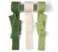 Mlurcu Cinta de lino de algodón verde y marfil de 1-1/2 pulgadas x 7 yardas, cinta rústica bohemia vintage hecha a mano con flecos de tela deshilachada para envolver regalos, invitaciones de boda,