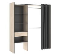 MOBELCENTER - Armario Vestidor Reversible con Cajón, Cortina, 2 Barras, 4 Estantes y 1 Cajón - Natural y Grafito - 160-110cm x 50cm x 205cm (1340)