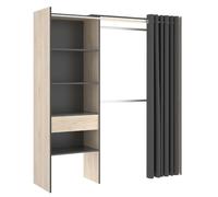MOBELCENTER - Armario Vestidor Reversible con Cajón, Cortina, 2 Barras, 4 Estantes y 1 Cajón - Natural y Grafito - 160-110cm x 50cm x 205cm (1340)