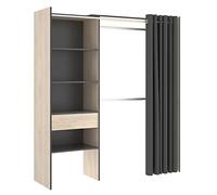 Mobelcenter, Armario Vestidor Reversible con Cajón y Cortina, 2 Barras, 4 Estantes y 1 Cajón, Color Natural y Grafito, Ancho: 160-110 cm x Fondo: 50 cm x Alto: 205 cm (1340)