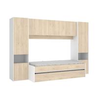 Vente-unique Cama juvenil nido Kwai con altillo y 2 armarios altos Blanco/Natural 303x97x203 cm