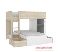 MOBELCENTER - Cama Litera Tren Juvenil Convertible Reversible - Blanco y Natural - Armario y 2 Cajones - 195-255 cm x 150 cm x F: 199-109 cm - (1201)