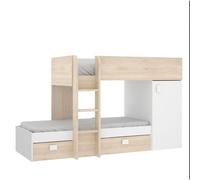 MOBELCENTER - Cama Litera Tren Juvenil Convertible Reversible - Blanco y Natural - Armario y 2 Cajones - 195-255 cm x 150 cm x F: 199-109 cm - (1201)
