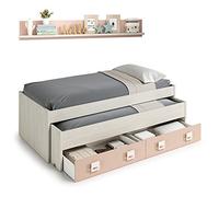 Mobelcenter - Cama Nido con cajones y estantería Nube - Color Blanco y Rosa Pastel - Conjunto Dormitorio Infantil Juvenil (199cm de Ancho x 69cm de Altura x 96cm de Fondo) - 0983