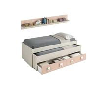 MOBELCENTER - Cama Nido con cajones y estantería Nube Infantil Juvenil - Blanco y Rosa Pastel - Ancho 199cm x Altura 69cm x Fondo 96cm - 0983