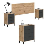 Mobelcenter, Conjunto Dormitorio Matrimonio Enzo, Color Roble Nodi y Gris Antracita, Cabezal para Camas de 135 y 150 cm, 2 Mesitas 3 cajones y Cómoda 4 cajones (1327, 1328)